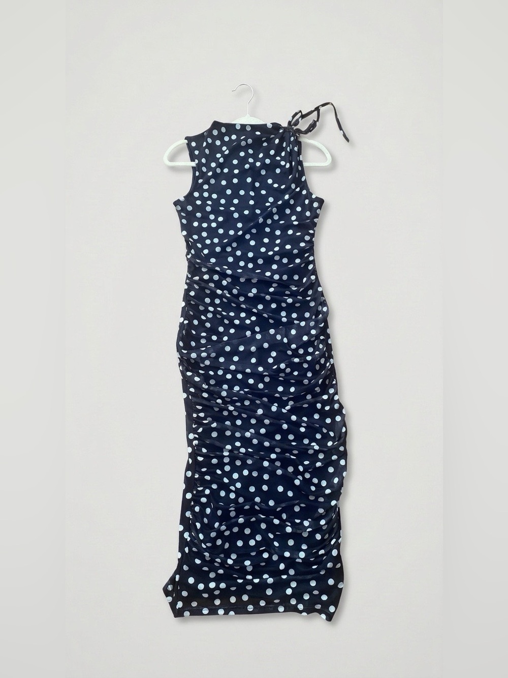 Navy Polka Dot Ruched Midi Dress